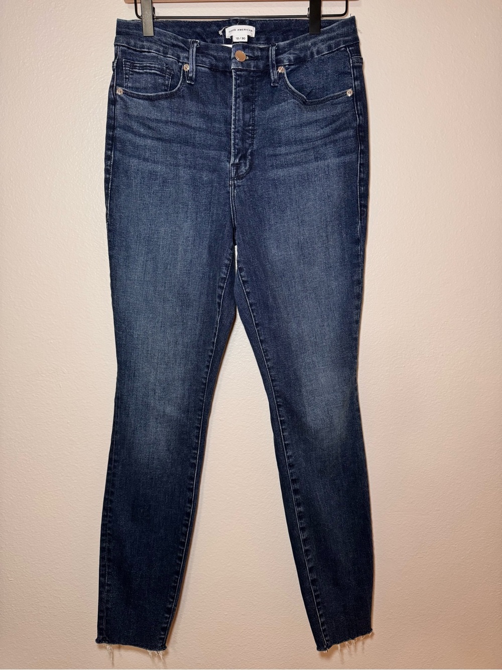 NWT Good American Good Legs Raw Hem Skinny Jeans Blue Wash Size 10